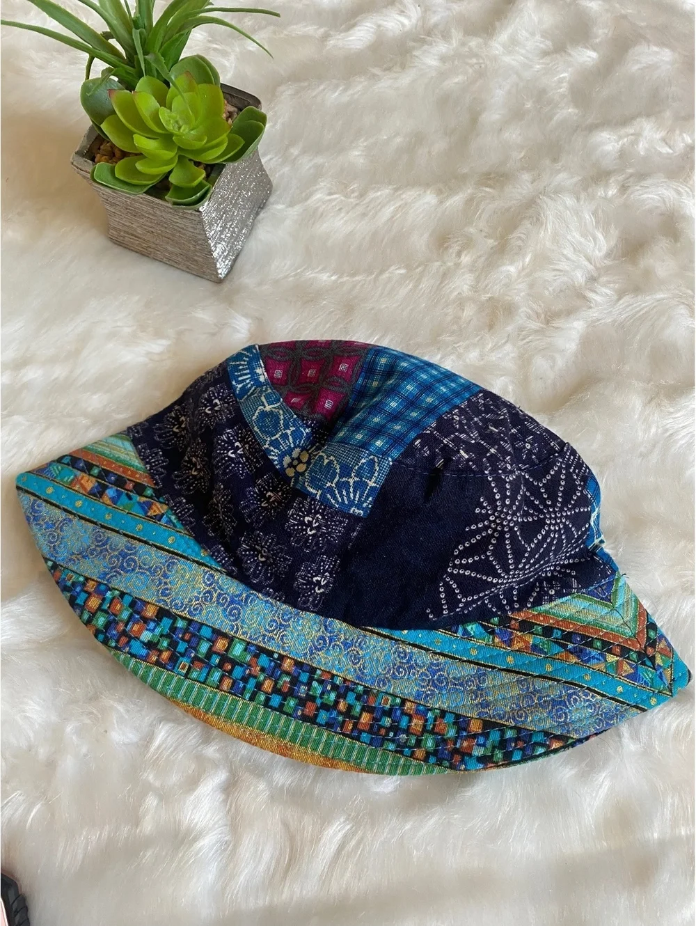Colorful Patchwork Bucket Hat with Blue and Burgundy Accents